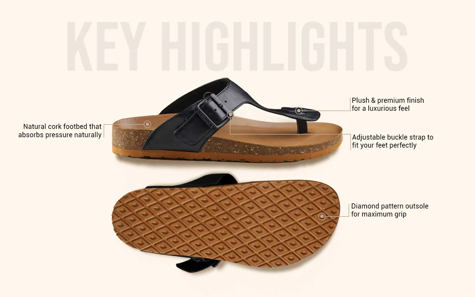 Cork Thong Sandals : Black-Tan - Image 3